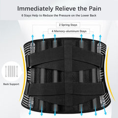 Back Braces for Lower Back Pain Relief with 6 Stays, Breathable Back Support Belt for Men/Women for work , Anti-skid lumbar support belt with 16-hole Mesh for sciatica - FREETOO