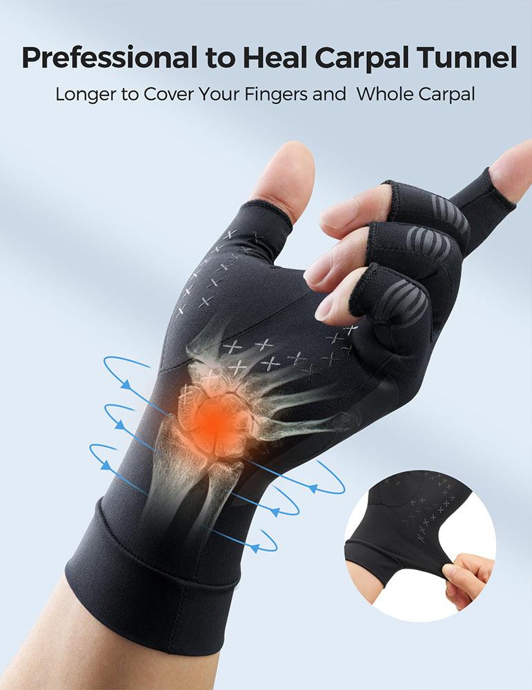 Copper Arthritis Gloves for Carpal Tunnel Pain Relief, Strengthen Compression Gloves to Alleviate Hand Pains,Swelling, Fingerless Computer Typing Gloves for Rheumatoid, Tendonitis - FREETOO